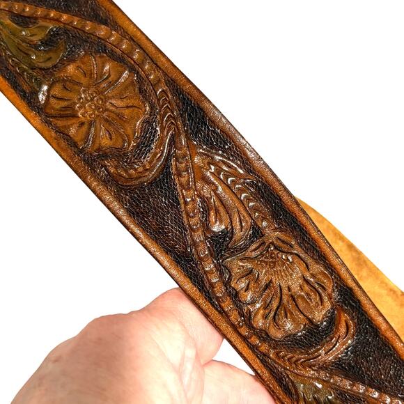 Vintage Montana Silversmiths Statement Buckle & Hand Tooled Brown Leather Belt - Picture 5 of 12